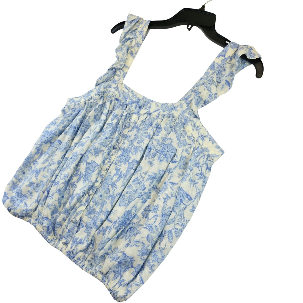 Melrose and Market Womens White Blue Floral Ruffle Strap Square Neck Crop M NWT - Picture 4 of 8